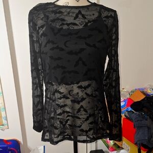 Dressfo Black Sheer Flocked Bat Print Long Sleeve Top